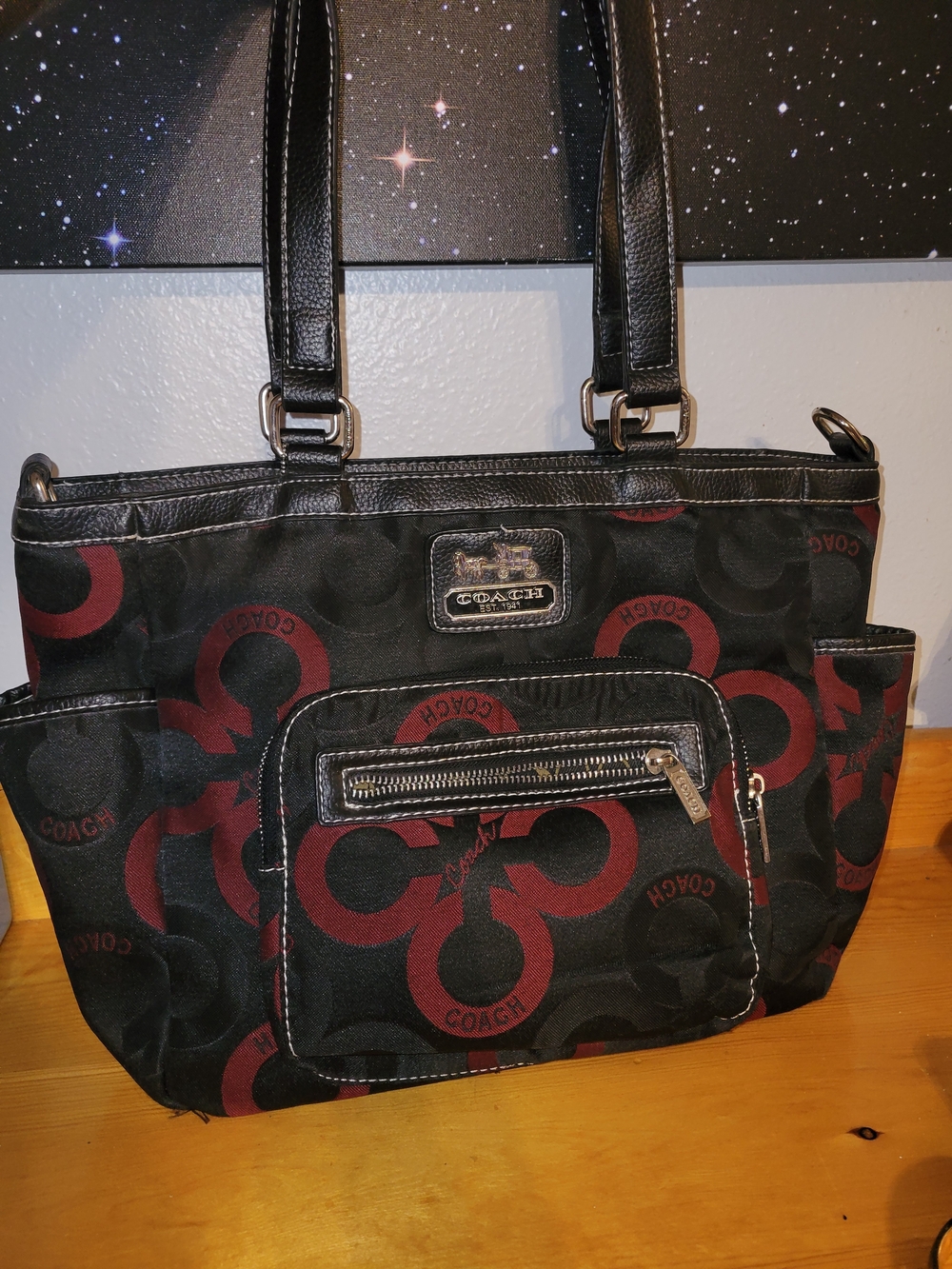 Coach Black Canvas Tote with Burgundy Signature 'C' Pattern